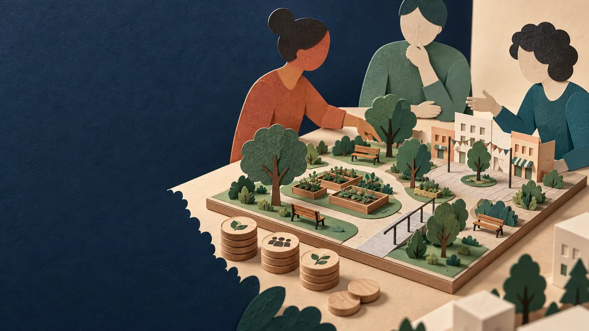 Illustration d’habitants autour d’un projet de jardin partagé et d’aménagement de quartier