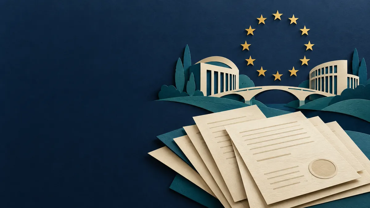 Illustration de documents européens, de douze étoiles et de ponts entre plusieurs édifices