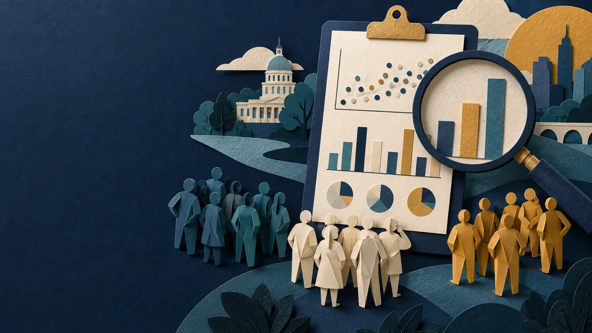 Illustration de groupes de répondants et de graphiques pour comprendre une enquête d’opinion