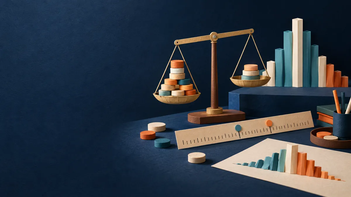 Illustration d’une balance, de jetons et de colonnes représentant une distribution statistique