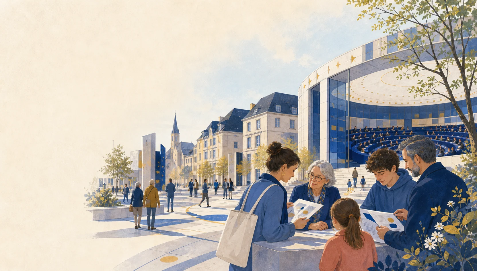 Citoyens échangeant des documents devant une architecture européenne et un hémicycle symboliques