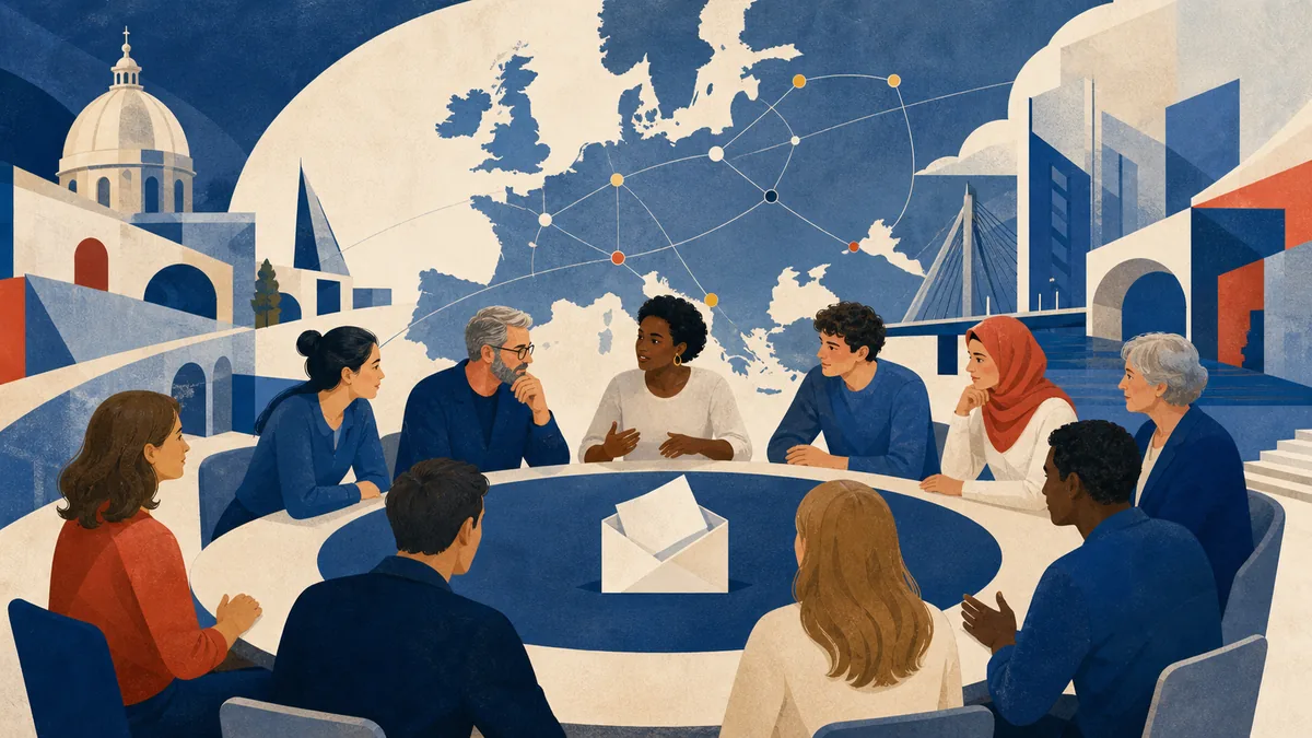 Citoyens européens échangeant autour d’un choix démocratique