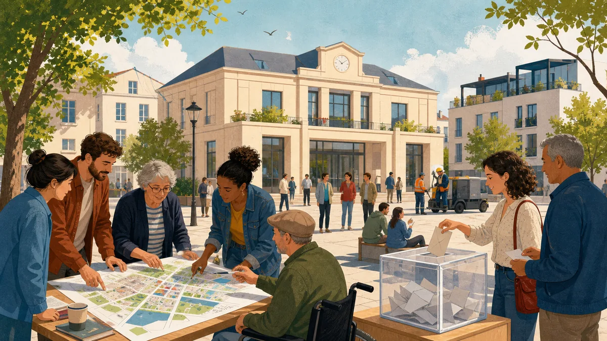 Habitants participant à la démocratie locale devant une mairie symbolique