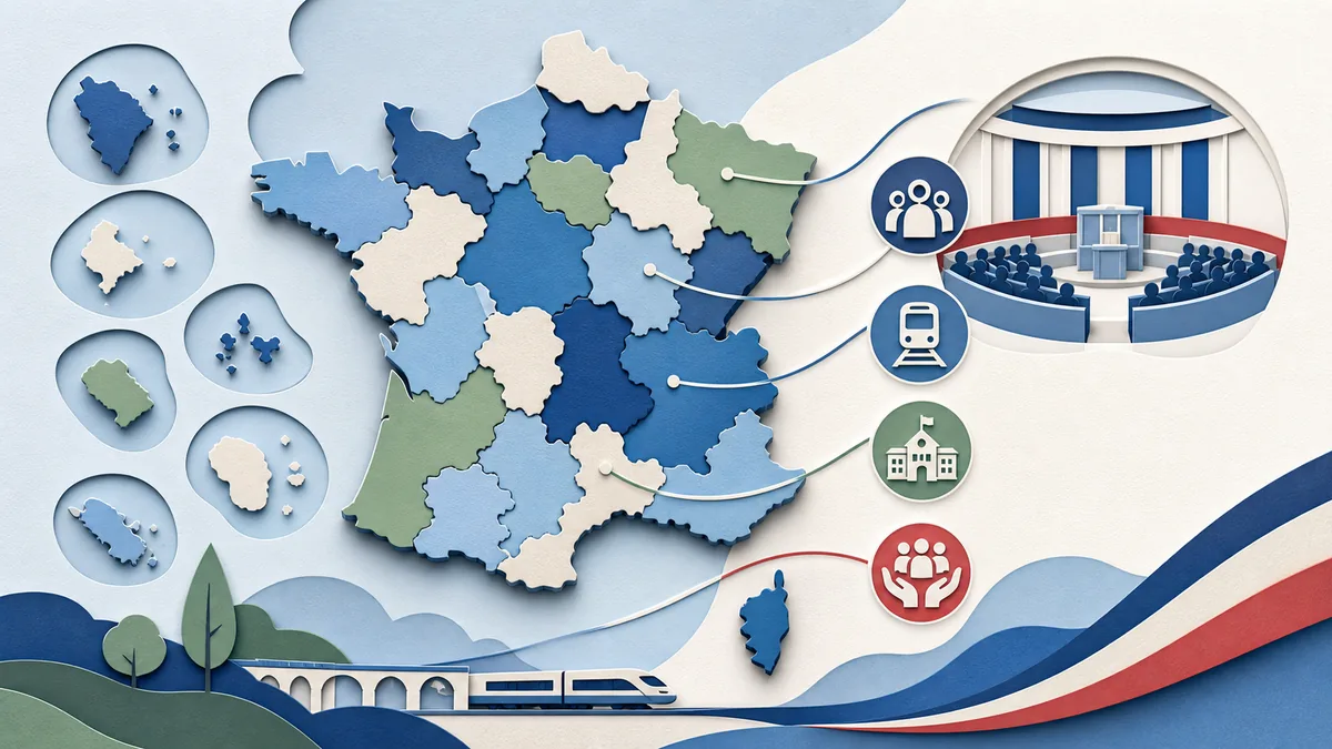 Échelons régionaux, départementaux et ultramarins représentés sur une carte symbolique