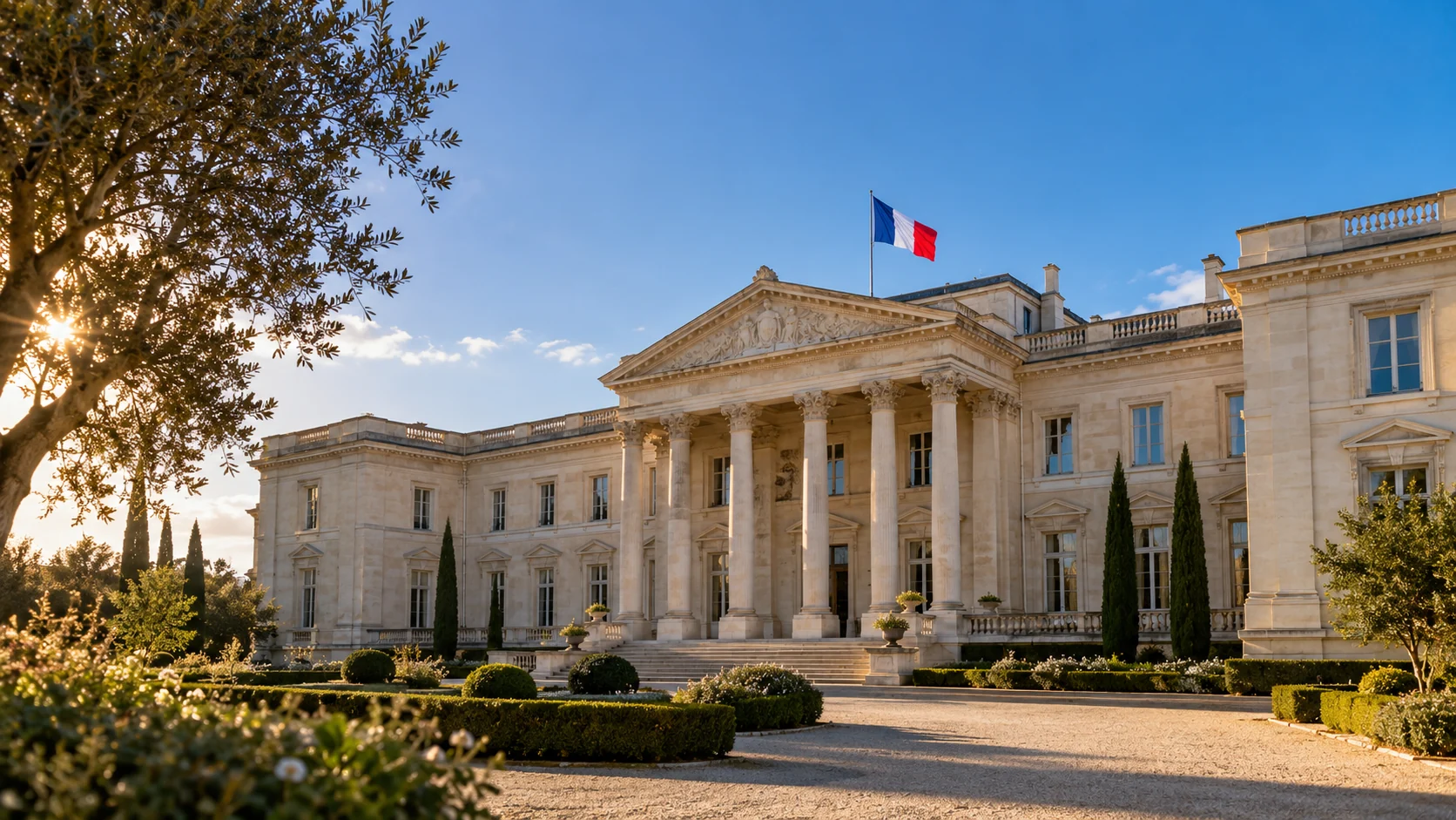 Photo générée par IA : palais civique fictif avec colonnade et jardin