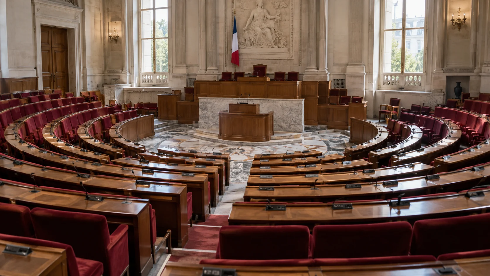 Photo générée par IA : hémicycle fictif avec sièges bordeaux et pupitres en bois