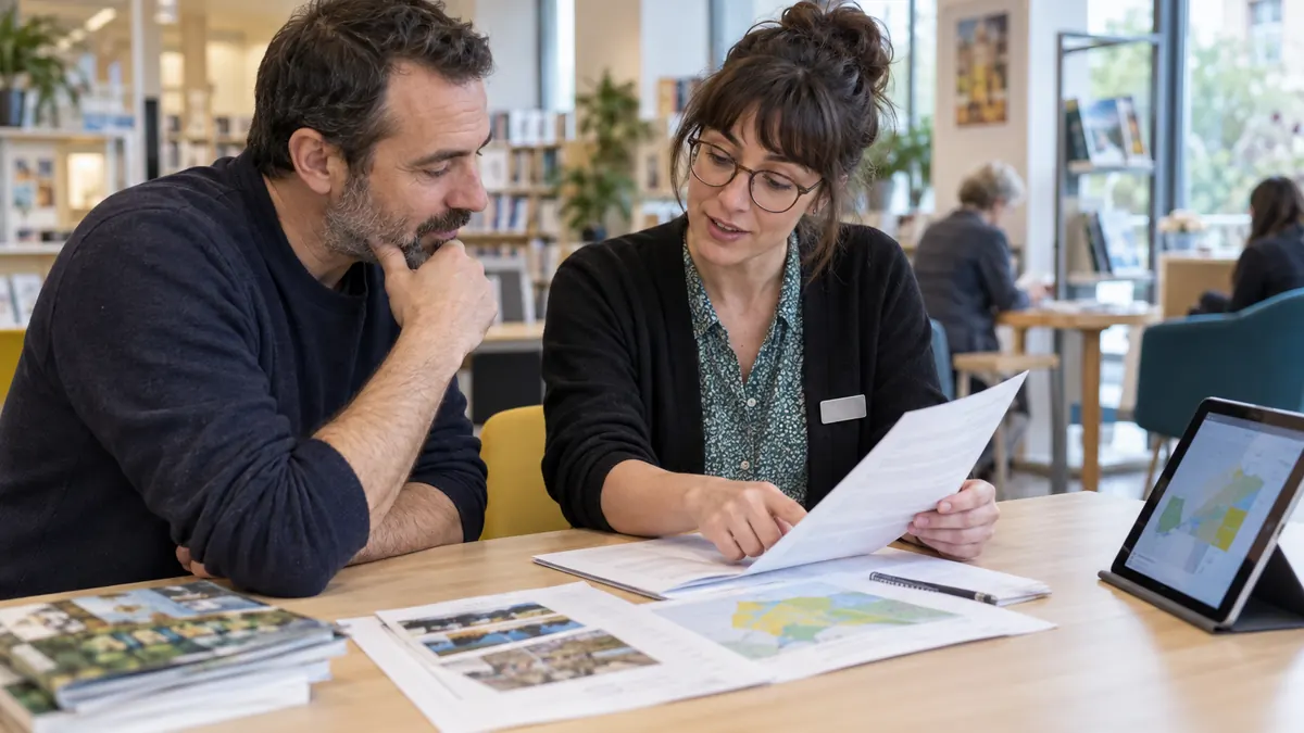 Scène illustrée : un usager et une conseillère examinent un document administratif dans un espace public