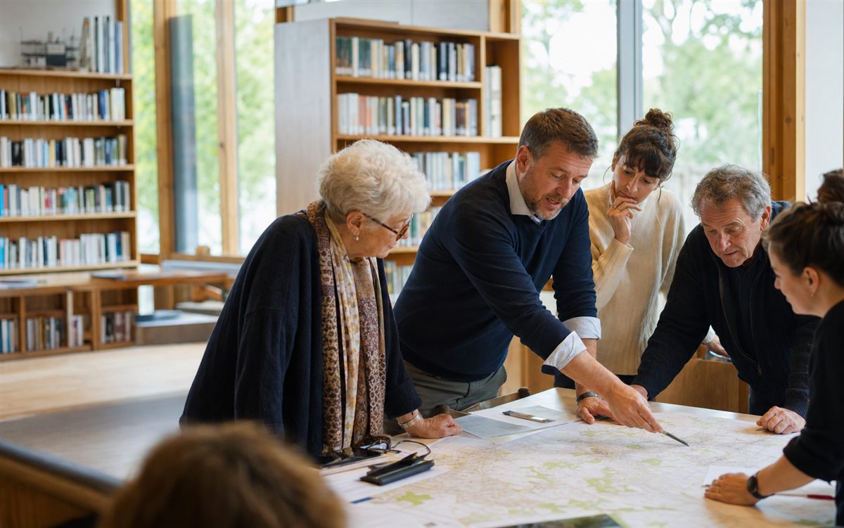 Habitants échangeant autour d’une carte lors d’un atelier territorial