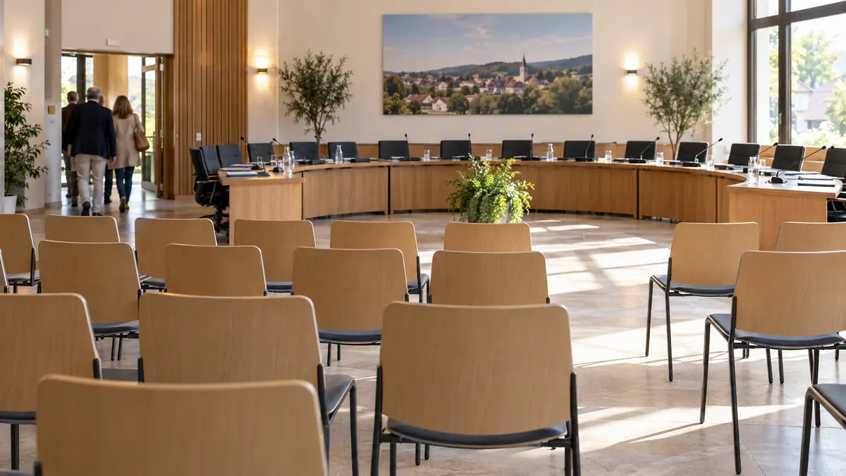 Scène illustrée : salle de conseil municipal avec sièges réservés au public avant une séance