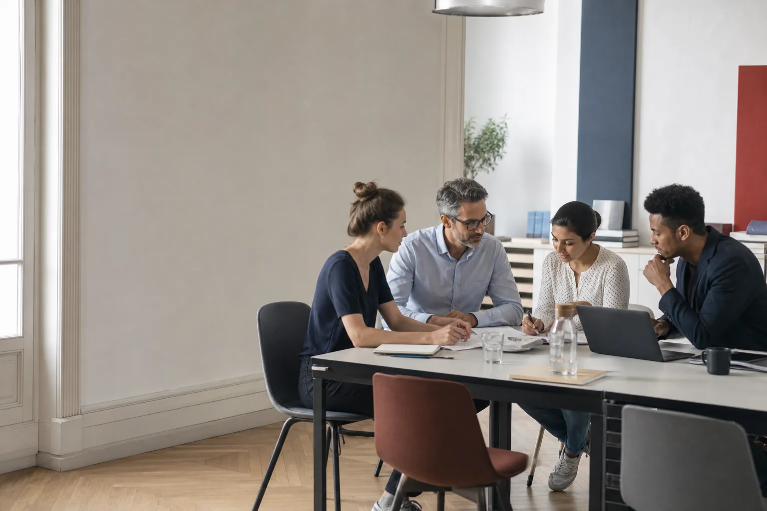 Équipe échangeant autour d’un projet numérique d’intérêt public dans un bureau français
