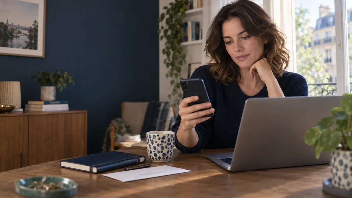 Scène illustrée : une citoyenne consulte un message politique sur son téléphone avant de rédiger une demande relative à ses données