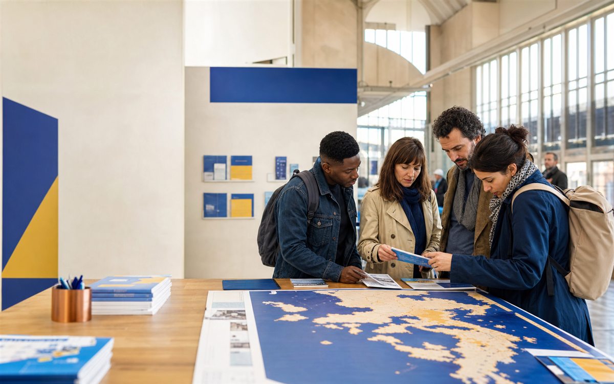 Citoyens échangeant autour d’une carte symbolique de l’Europe