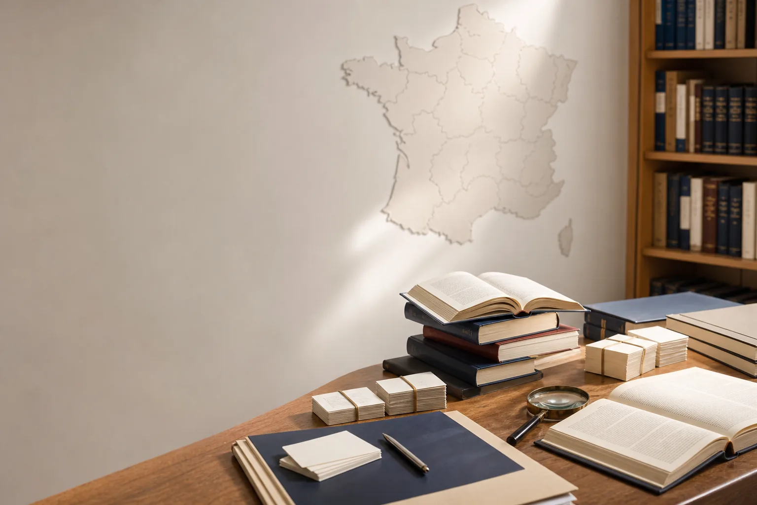 Livres, fiches et loupe dans un centre de documentation