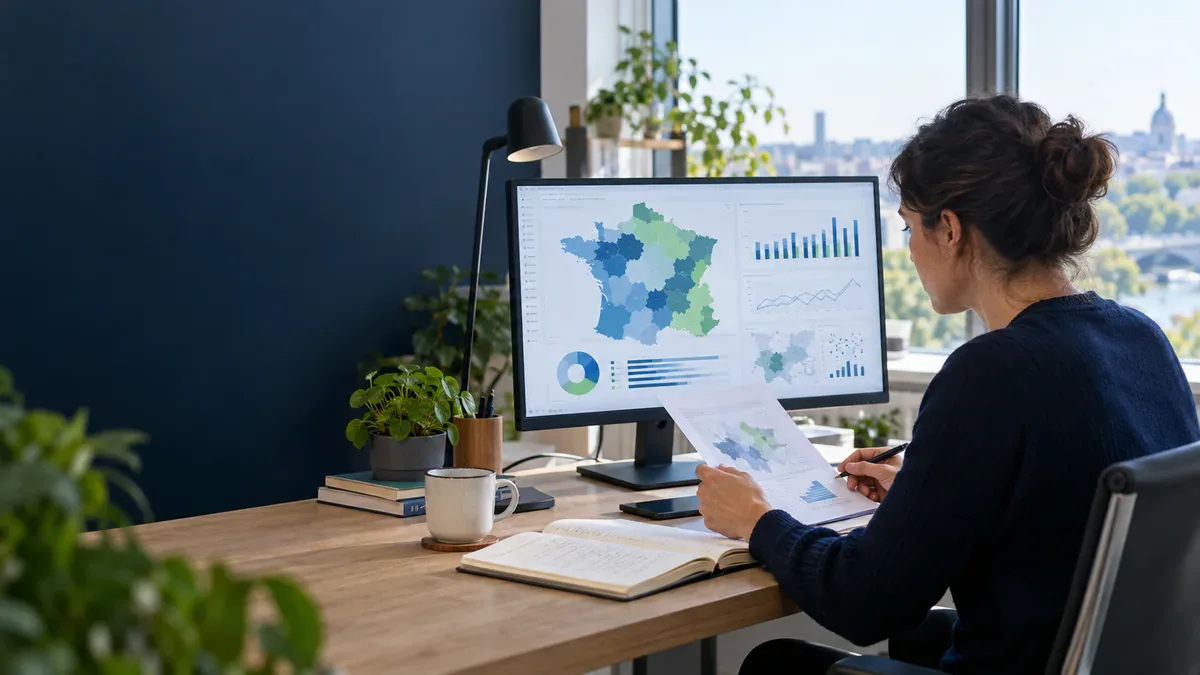 Analyste comparant une carte de France et plusieurs graphiques issus de données publiques