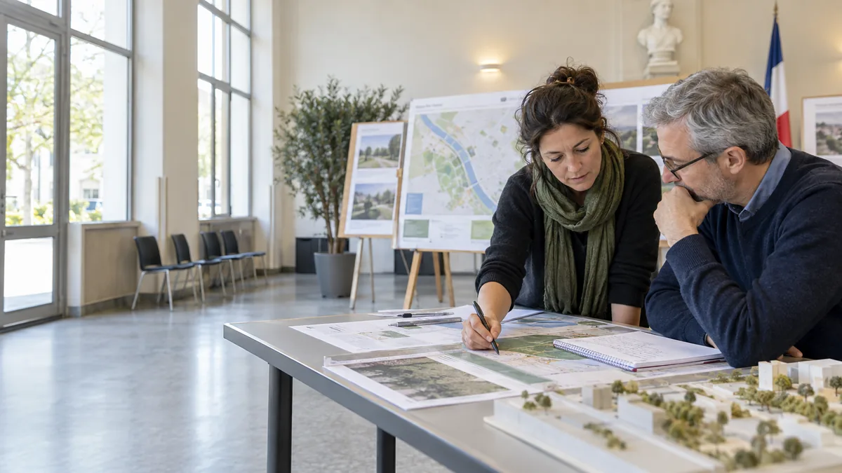 Habitants étudiant des plans et un dossier de projet territorial