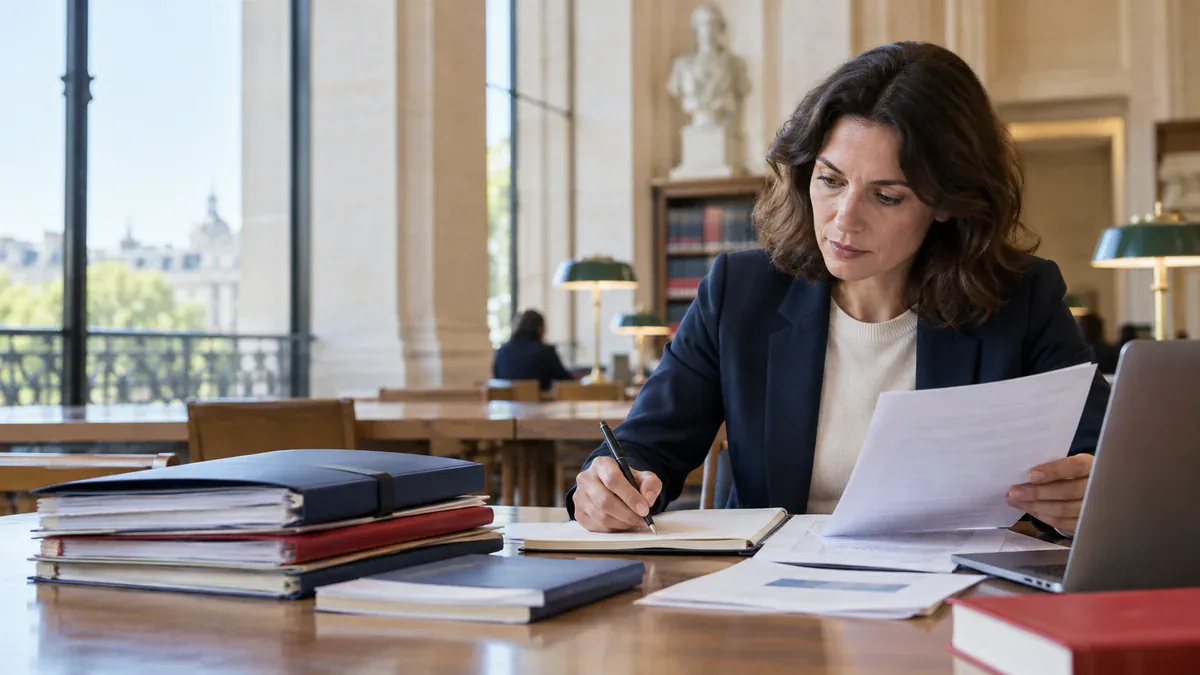 Citoyenne consultant un dossier législatif dans une salle de lecture publique
