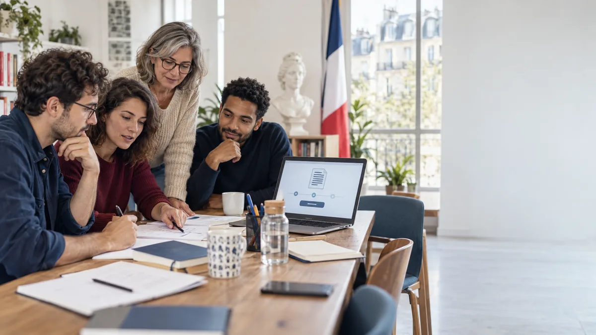 Groupe de citoyens préparant ensemble une pétition publique dans un espace de travail