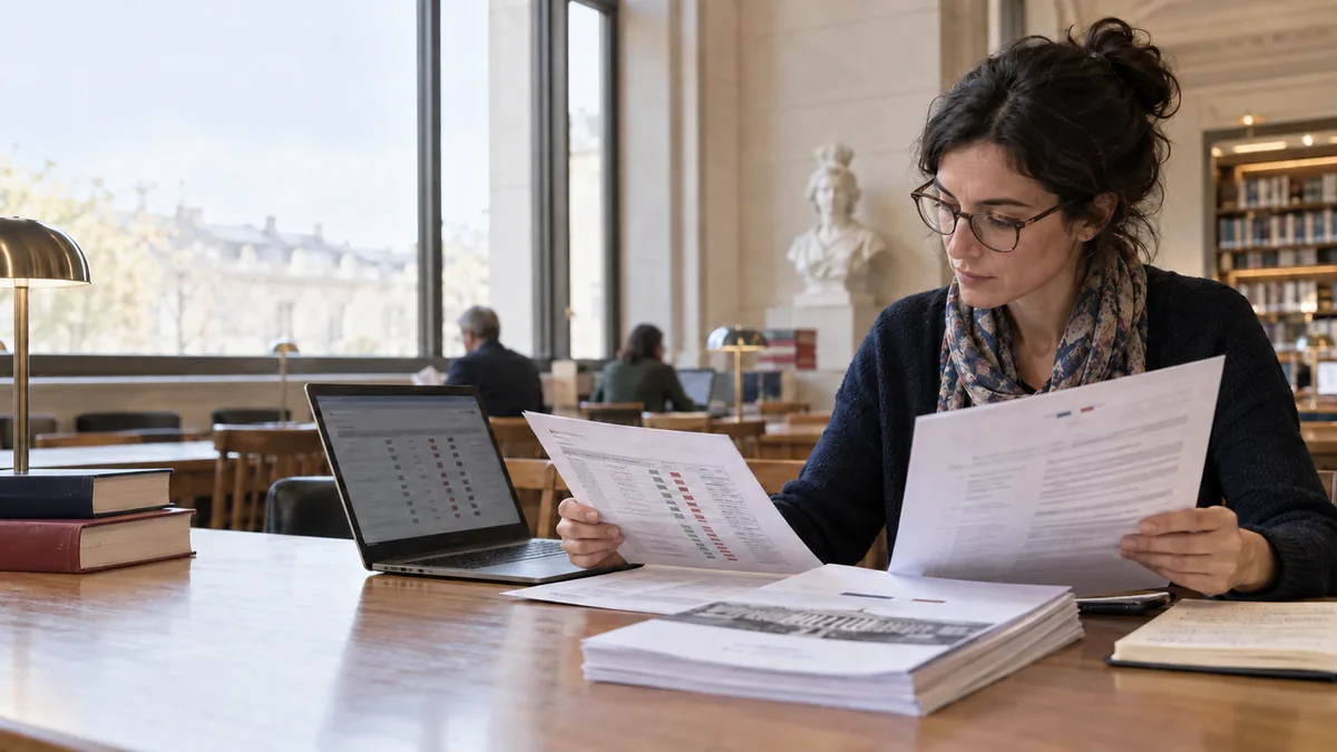 Citoyenne comparant un relevé de scrutin et plusieurs documents parlementaires