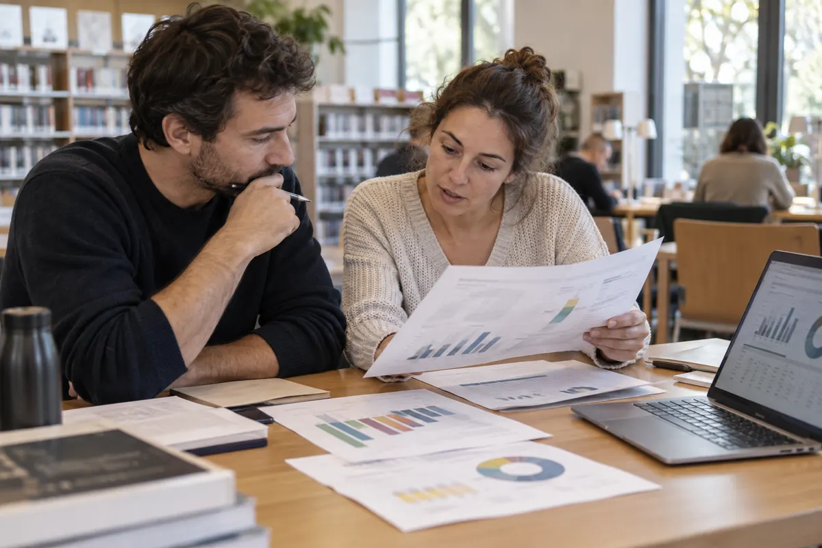 Scène illustrée : deux citoyens examinent un budget local dans une bibliothèque