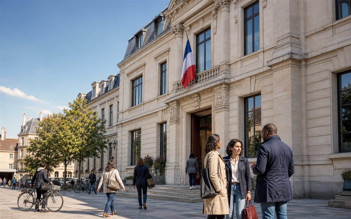 Habitants arrivant devant une mairie française contemporaine