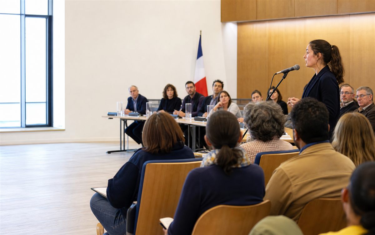 Réunion citoyenne dans une salle municipale française