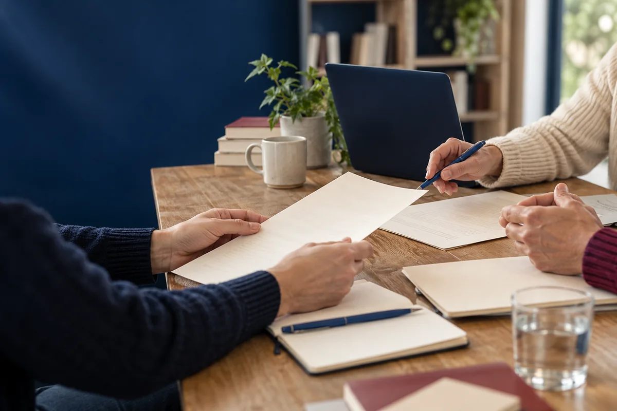 Illustration générée par IA : trois personnes relisent des documents autour d’une table