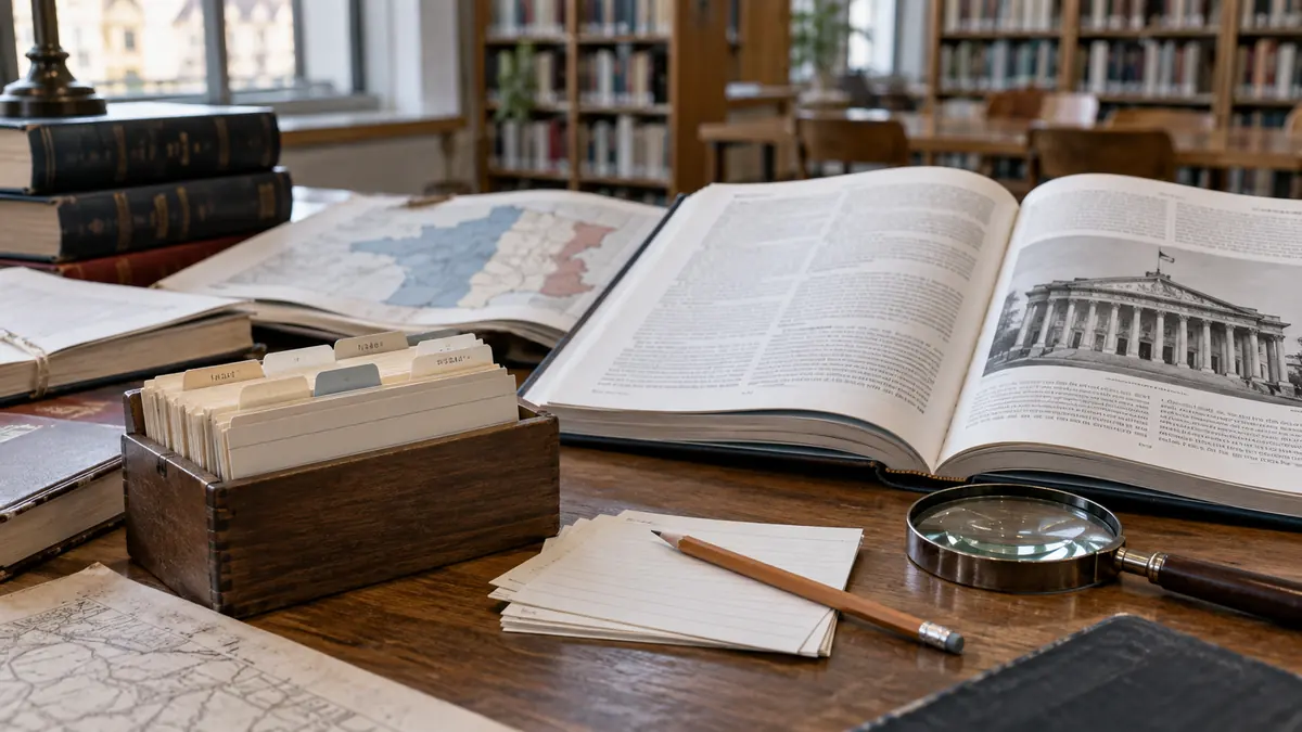 Ouvrages et fiches de recherche dans une bibliothèque civique