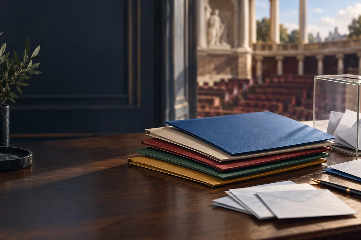 Dossiers de couleurs variées sur une table, symbole de la diversité des formations politiques