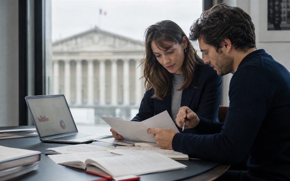 Deux personnes comparant des documents publics et un ordinateur