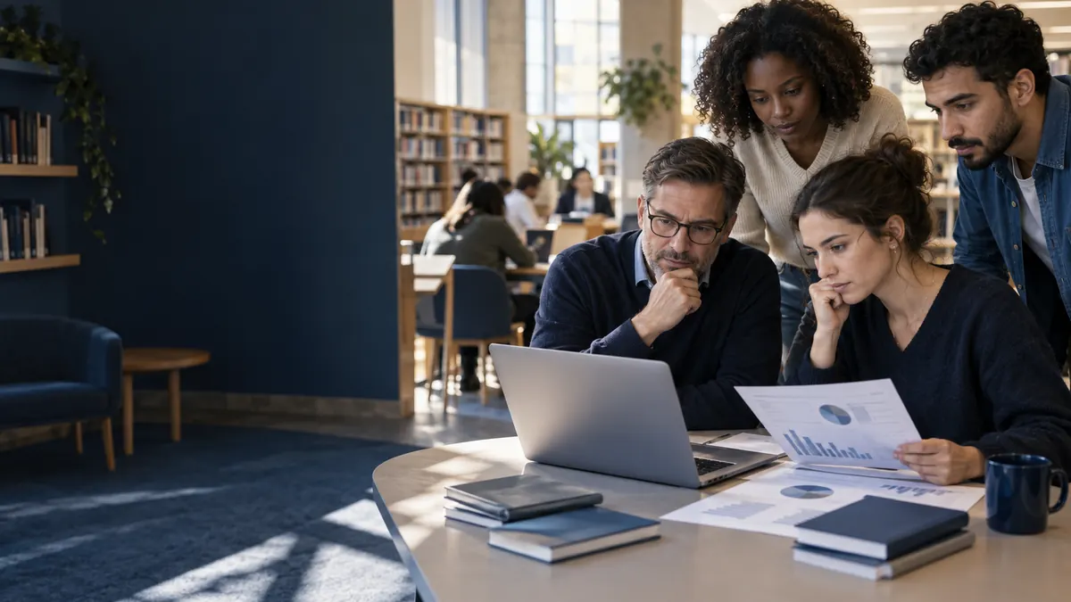 Scène illustrée : des citoyens consultent des tableaux de résultats électoraux dans une bibliothèque