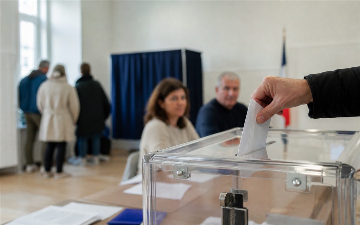 Main déposant une enveloppe blanche dans une urne transparente lors d'un vote