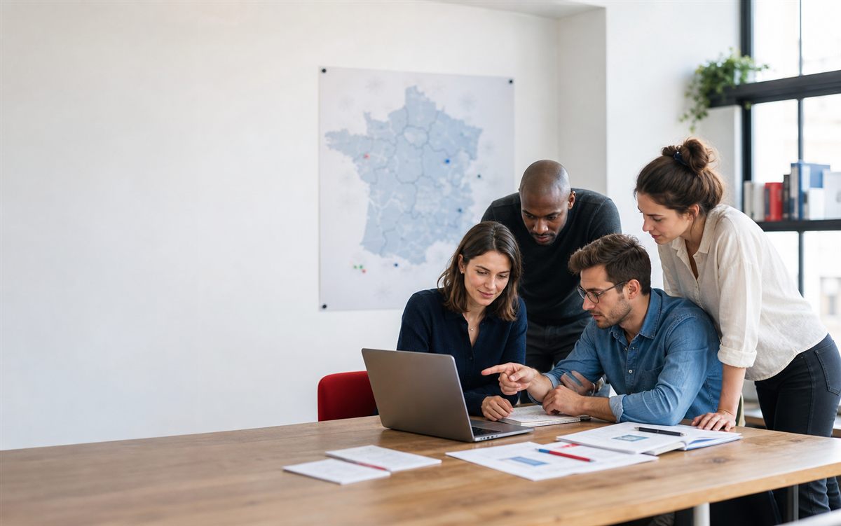 Équipe examinant une publication publique dans un espace de travail français