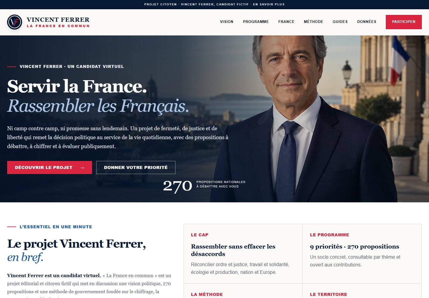 Aperçu du site Vincent Ferrer, candidat fictif : identité, accueil et présentation du projet